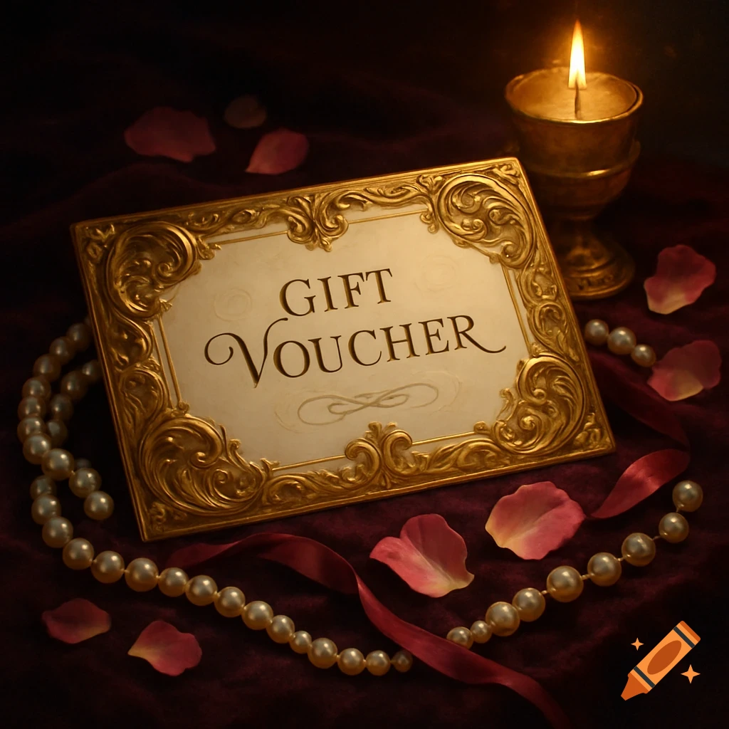 A gold-framed gift voucher, string of pearls, and red rose petals on velvet, illuminated by a candle.
