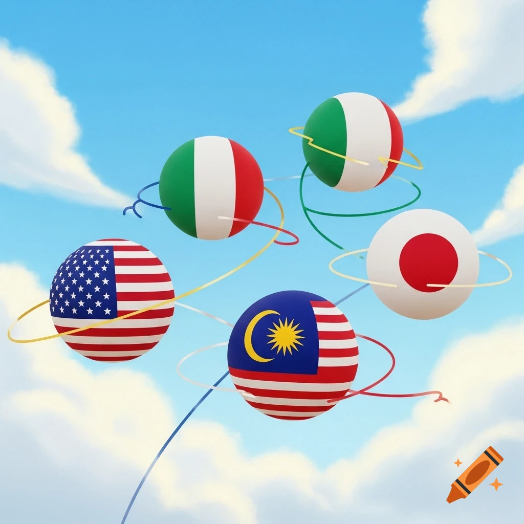 Spheres with flags of USA, Italy, Japan, and Malaysia floating in a blue sky with orbiting rings.