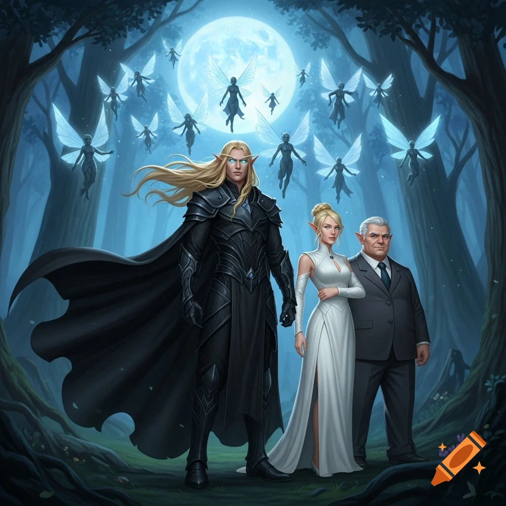 A male elf in black armor with a cape stands in a moonlit forest with a female elf in white, a man in a suit, and many flying fairies.