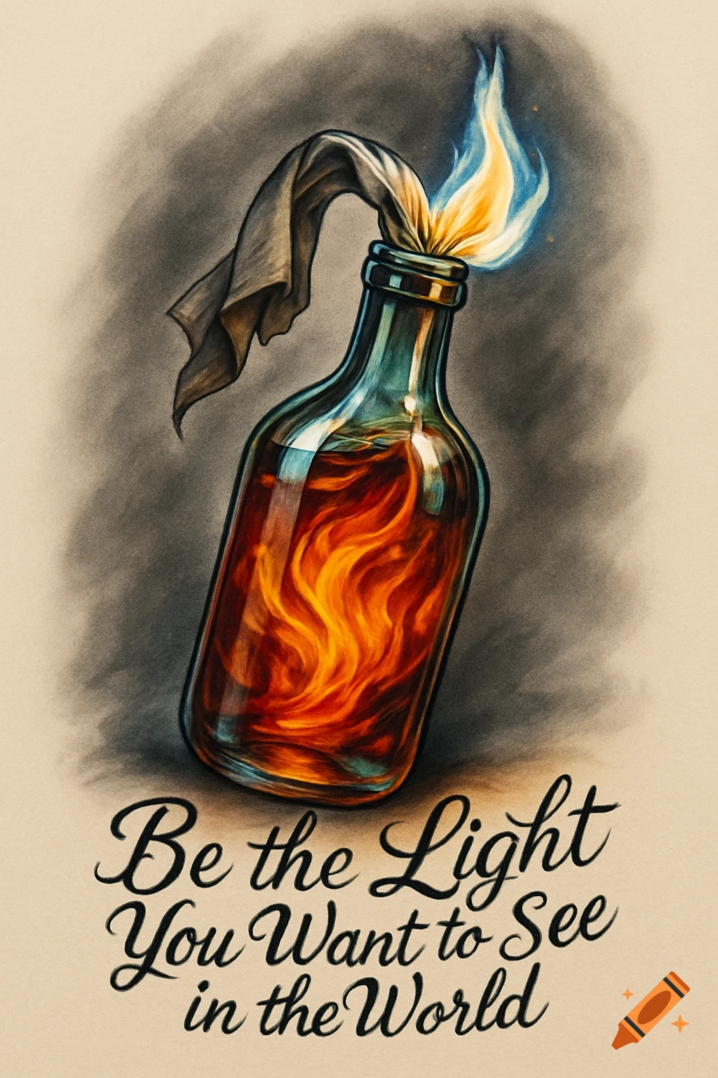 A stylized Molotov cocktail illustration with a flaming wick and internal fire, above the text 'Be the Light You Want to See in the World'.