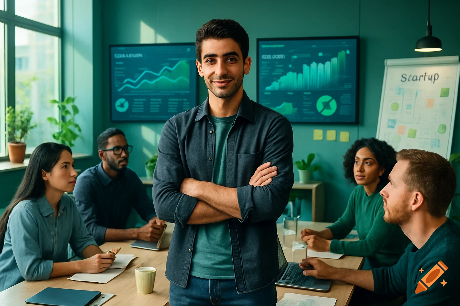 A smiling male entrepreneur stands with folded arms in a modern office meeting room, surrounded by his diverse team and data screens.