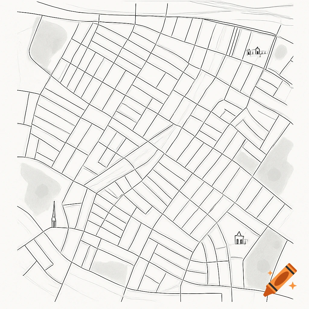 A minimalist black and white map showing urban blocks, roads, and some architectural outlines, against a light background.