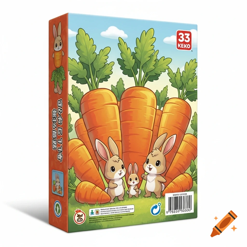 A cartoon game box featuring three rabbits in a field of large carrots under a blue sky, with some illegible text and a barcode on the back.