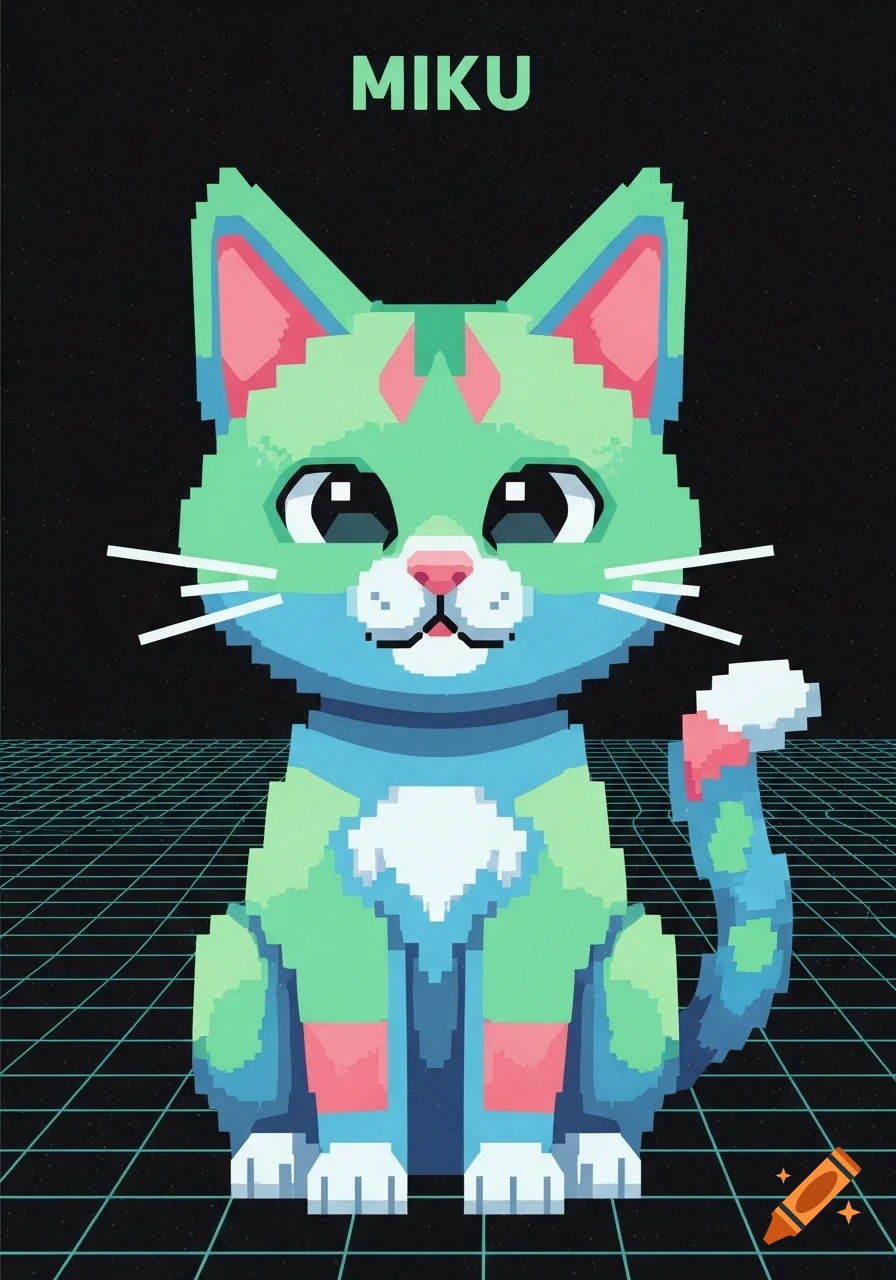 Pixel art cat with mint green, blue, and pink fur, sitting on a retro grid background under 'MIKU' text.