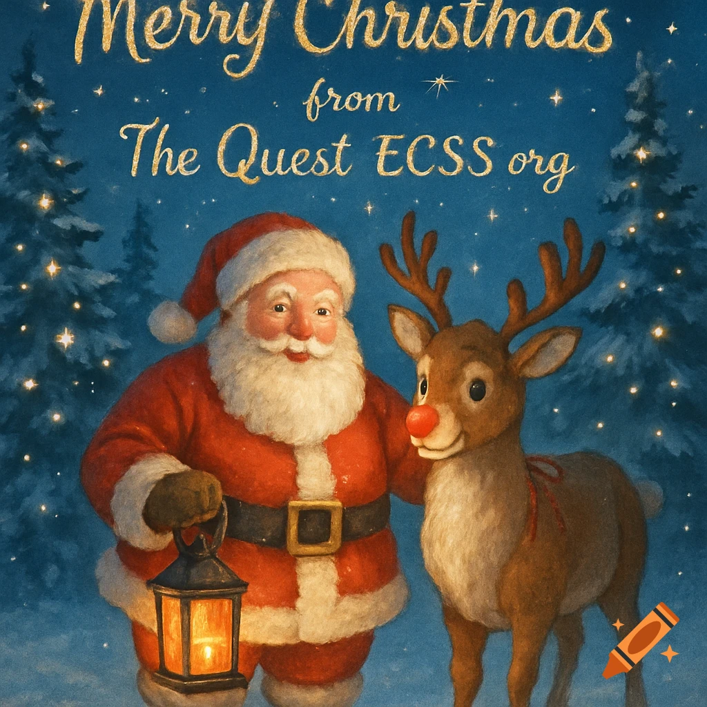 Santa Claus and Rudolph stand in a snowy forest at night, with 'Merry Christmas from The Quest ECSS.org' in gold text.