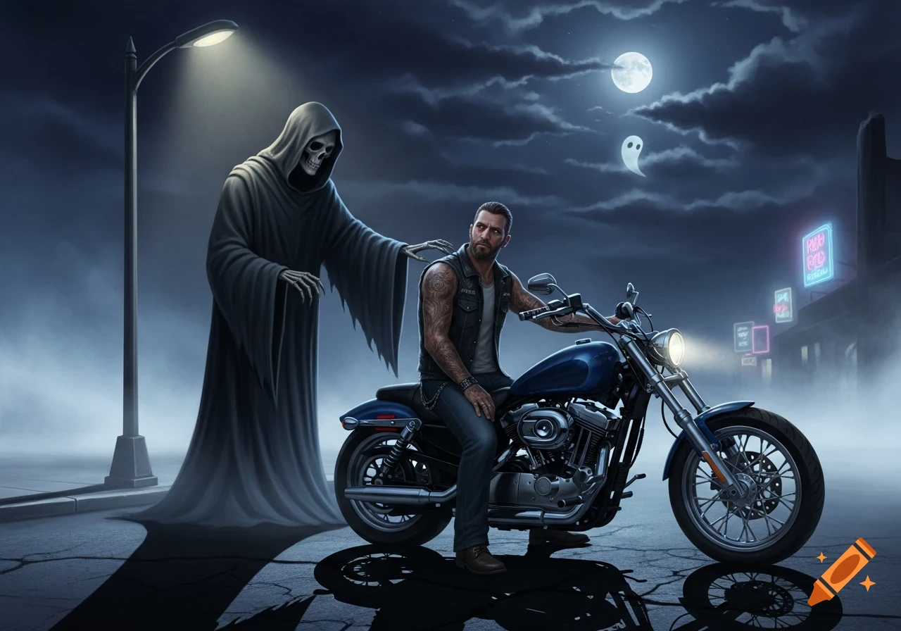 The Grim Reaper touches a biker's shoulder next to a motorcycle on a dark street under a full moon, with ghosts and neon signs in the background.