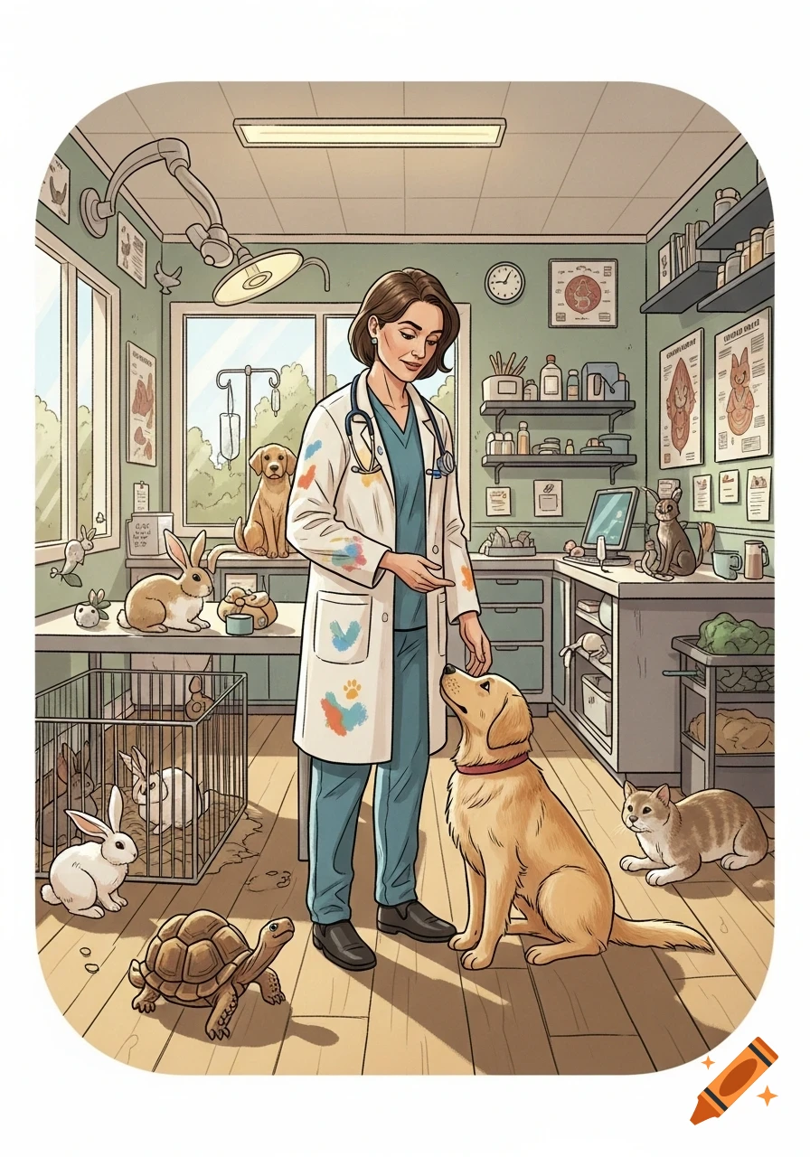 A female veterinarian in a cartoon-style clinic interacts with a dog, cats, rabbits, and a tortoise.