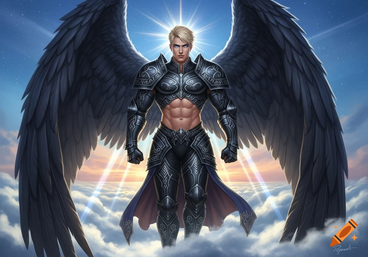 A muscular male angel with black wings, black armor, blonde hair, and blue eyes stands above clouds with a glowing halo and sunburst.