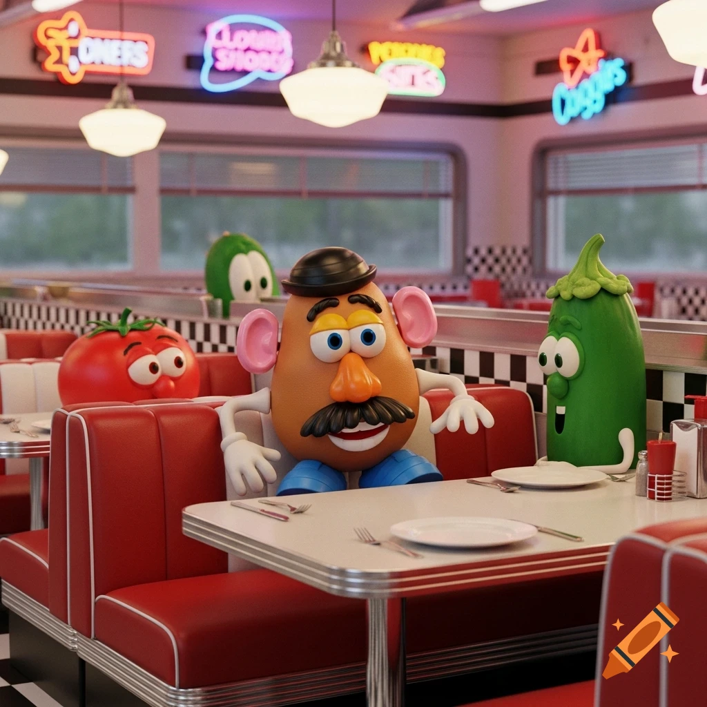 Mr. Potato Head and VeggieTales characters, including Larry and Bob, sit in red booths at a retro 3D diner with neon signs.