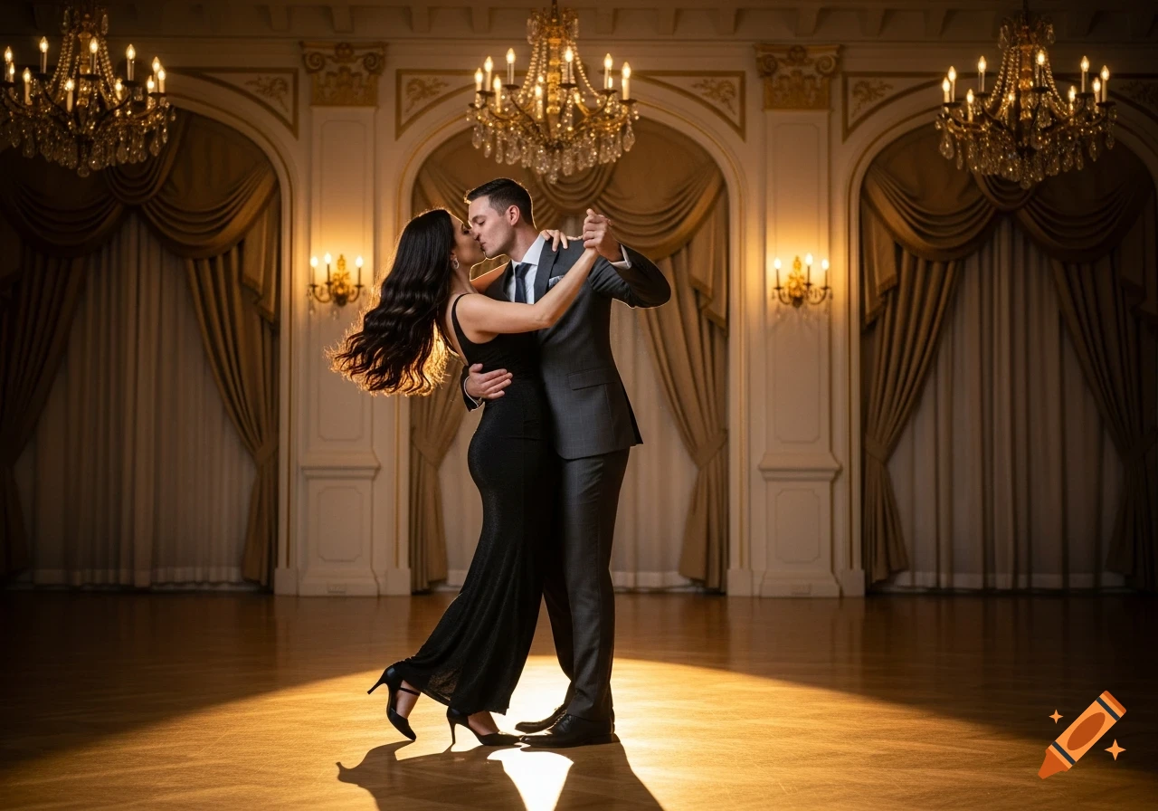 A formally dressed couple shares a kiss while dancing under spotlights in a grand, chandelier-lit ballroom.