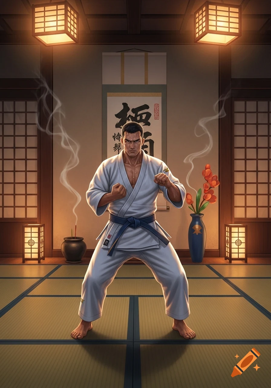A determined man in a white judo gi with a blue belt stands in a traditional Japanese dojo, smoke rising from incense sticks.