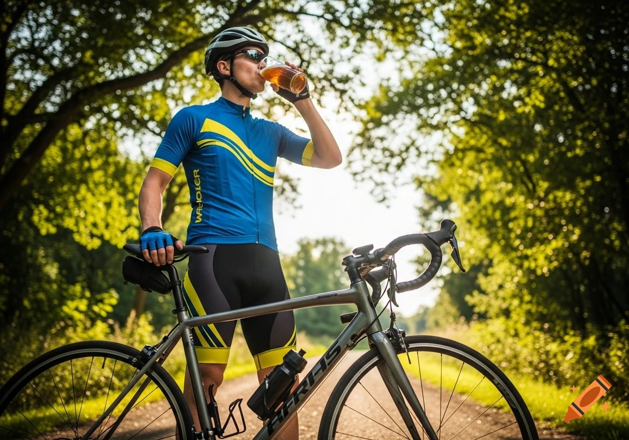 Male cyclist in blue and yellow gear pauses on a forest path, drinking beer from a glass next to his bicycle.