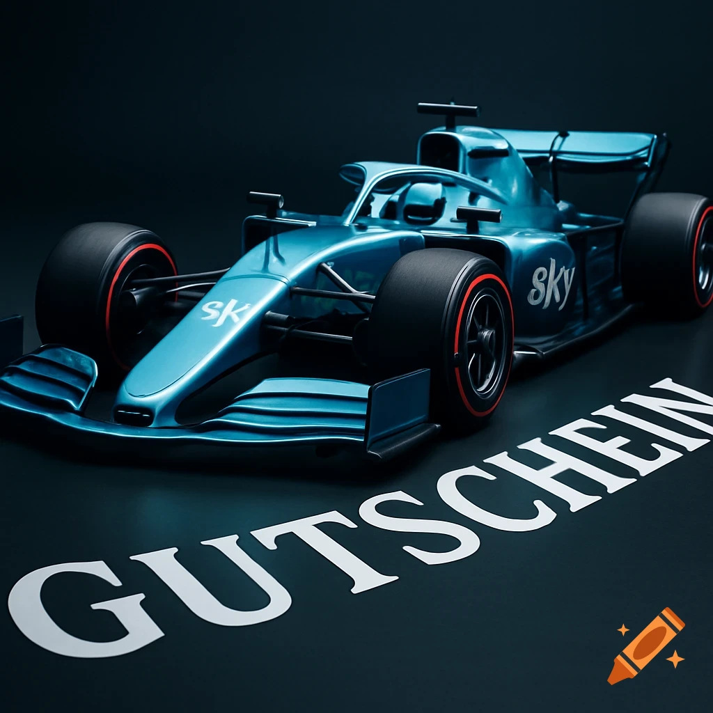 A sleek, teal Formula 1 race car with a 'sky' logo, seen from a low angle, with 'GUTSCHEIN' text on the dark ground.