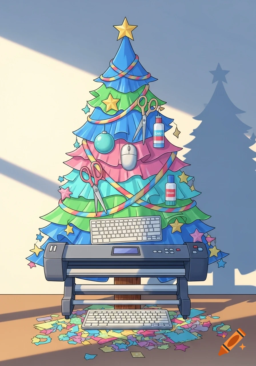 A cartoon Christmas tree made of colorful layers, decorated with stationery items like scissors, keyboards, a mouse, and a cutting plotter, with paper cutouts on the floor.