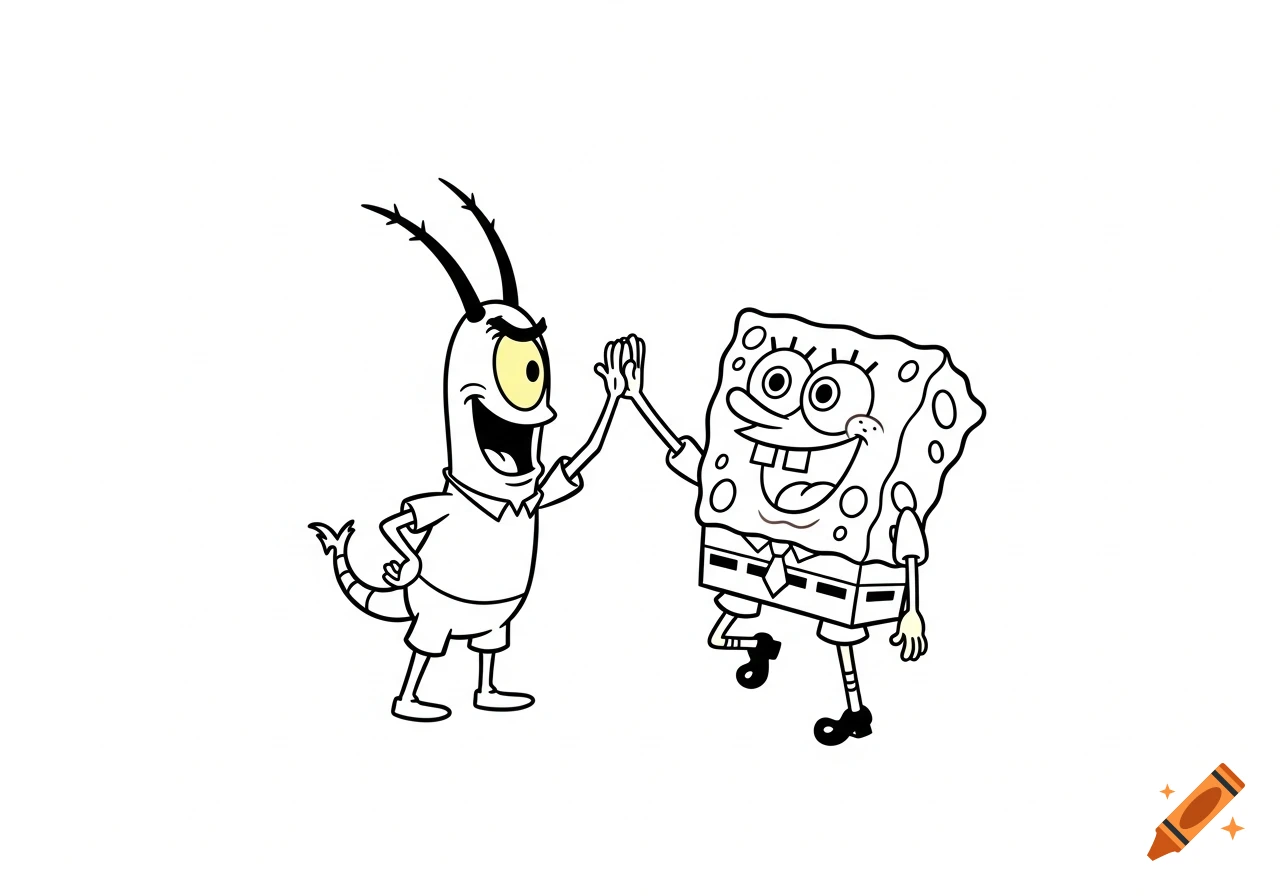Black outline drawing of SpongeBob and Plankton high-fiving.