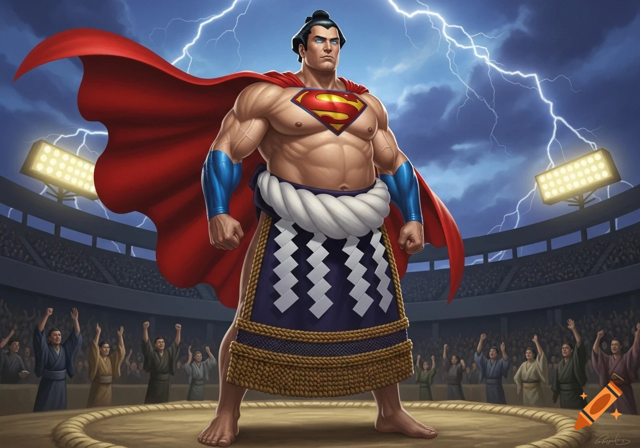 Muscular Superman in a sumo wrestler outfit stands powerfully in a sumo ring under a lightning storm, facing a cheering crowd.