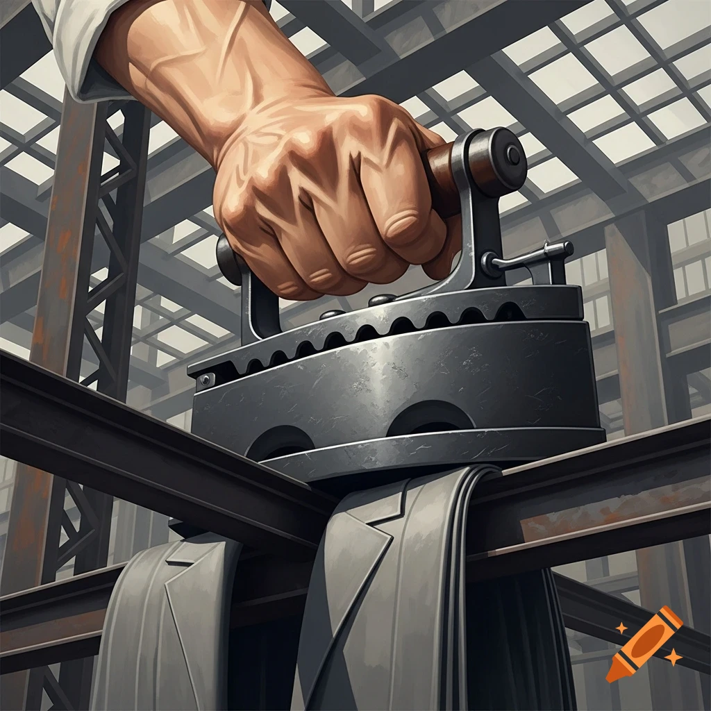 A giant hand holds a heavy tailor's iron, pressing and shaping metal girders that look like tailored trousers, in a mid-20th-century industrial poster style.