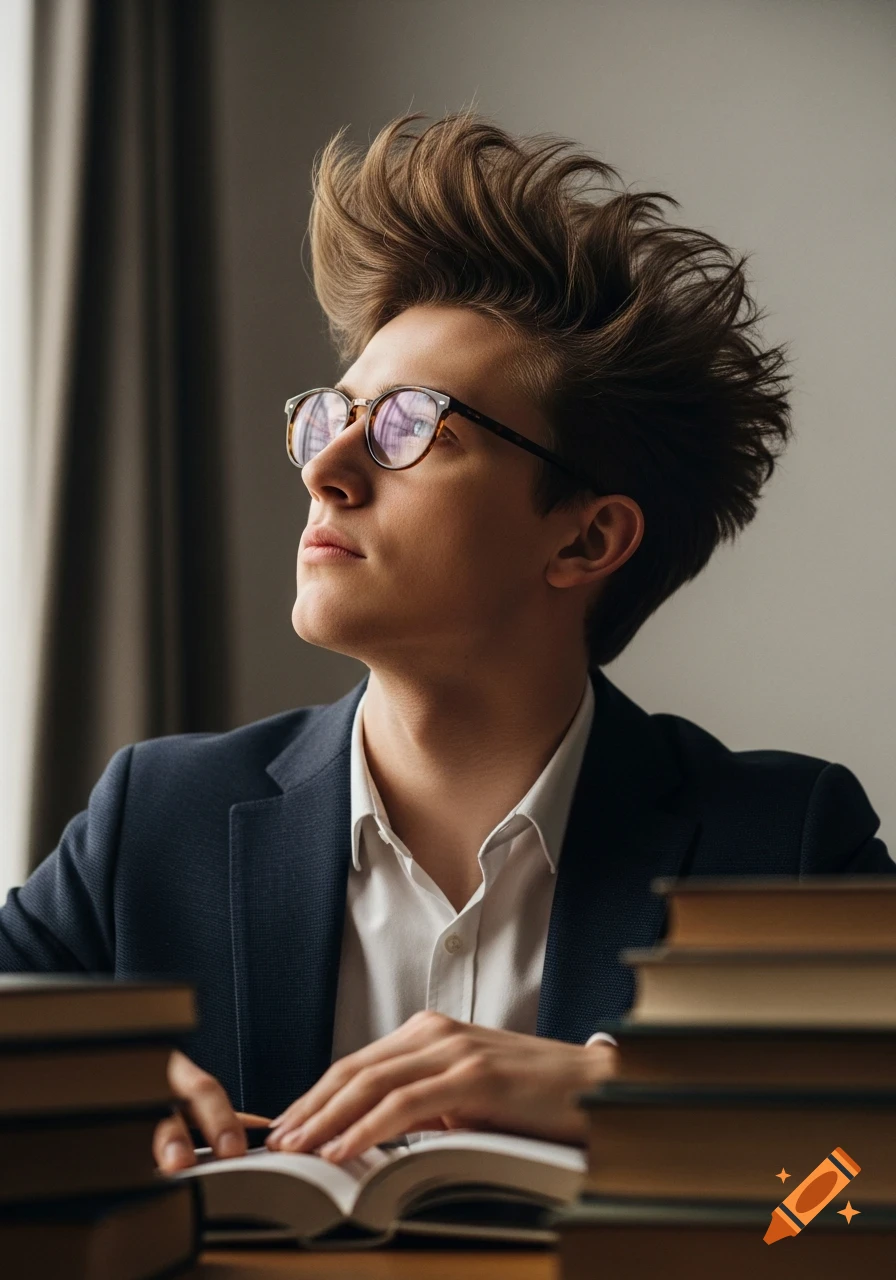 Photorealistic portrait of a young man with glasses and voluminous hair, looking up while sitting at a desk with books.