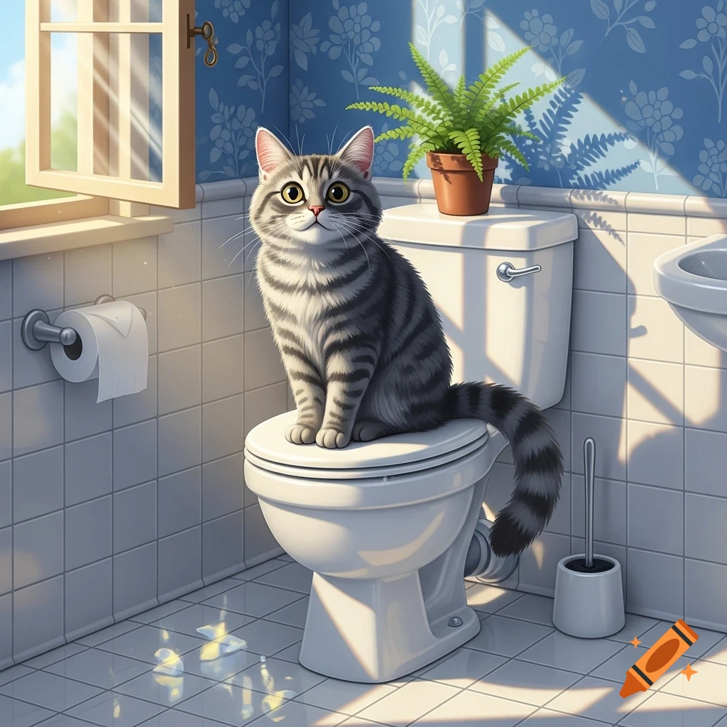 A cartoonish tabby cat sits upright on a white toilet in a bright bathroom with blue floral wallpaper and sunlight streaming in.
