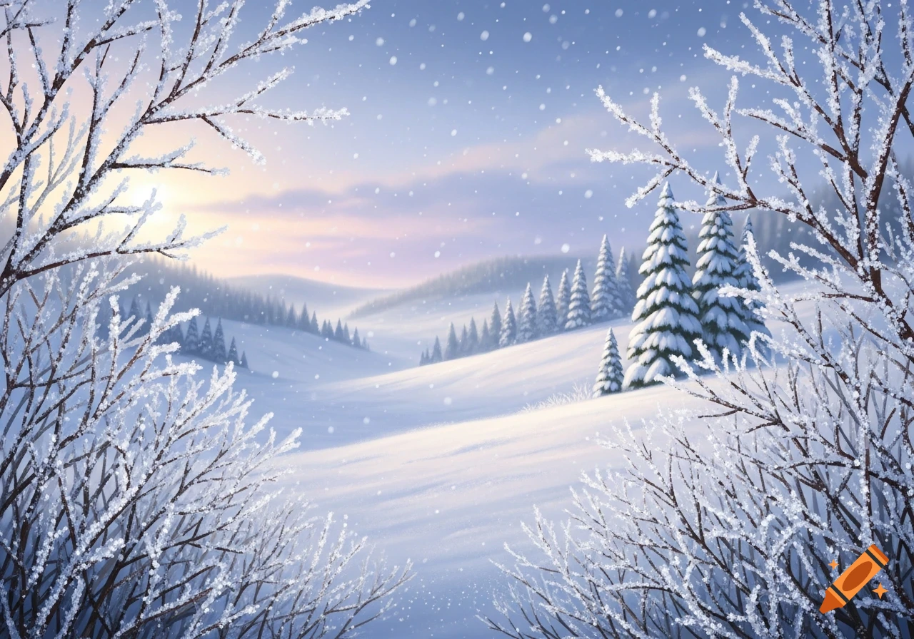 Serene snowy winter landscape with frost-covered branches framing a view of snow-covered hills, pine trees, and falling snow.
