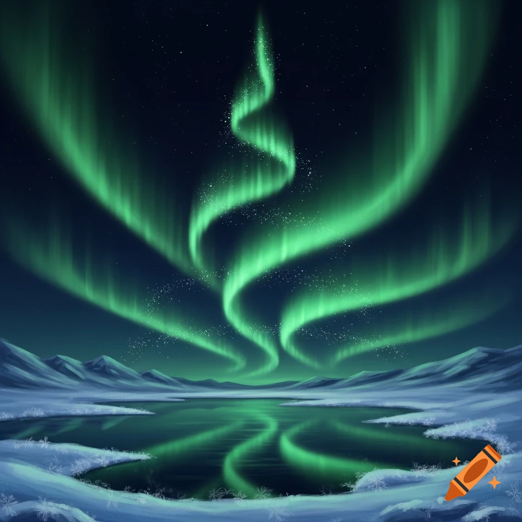 Vibrant green aurora borealis swirls over a frozen lake and snow-capped mountains at night, digital art.