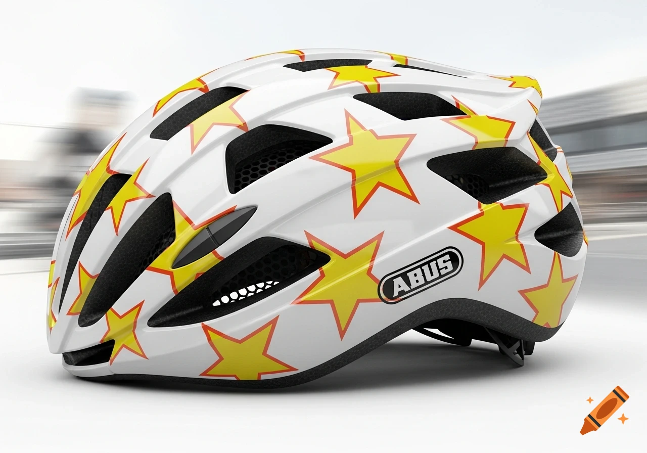 A white bicycle helmet with yellow stars outlined in orange and an ABUS logo, featuring black vents, on a blurred background.