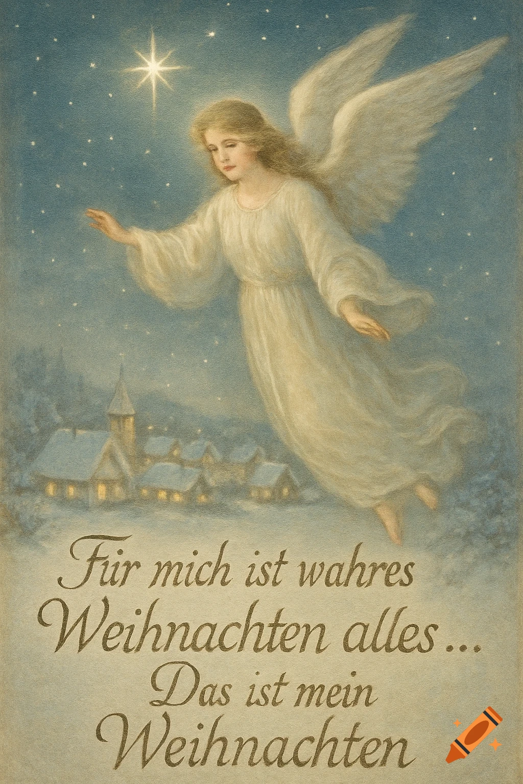 A vintage Christmas illustration of an angel in a white gown floating over a snowy village, under a starry sky with a bright star, and German text.