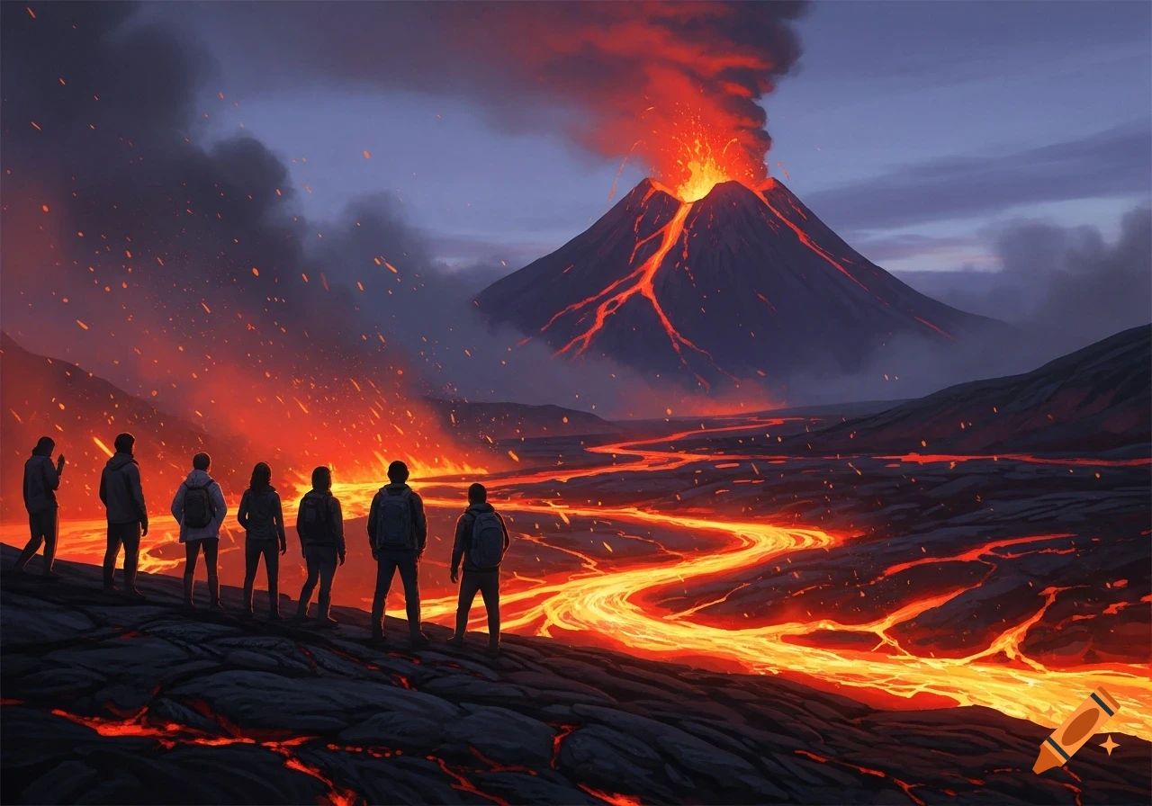 People stand on dark volcanic rock, watching a dramatic red volcano erupt with fiery lava flows under a twilight sky. Digital art.