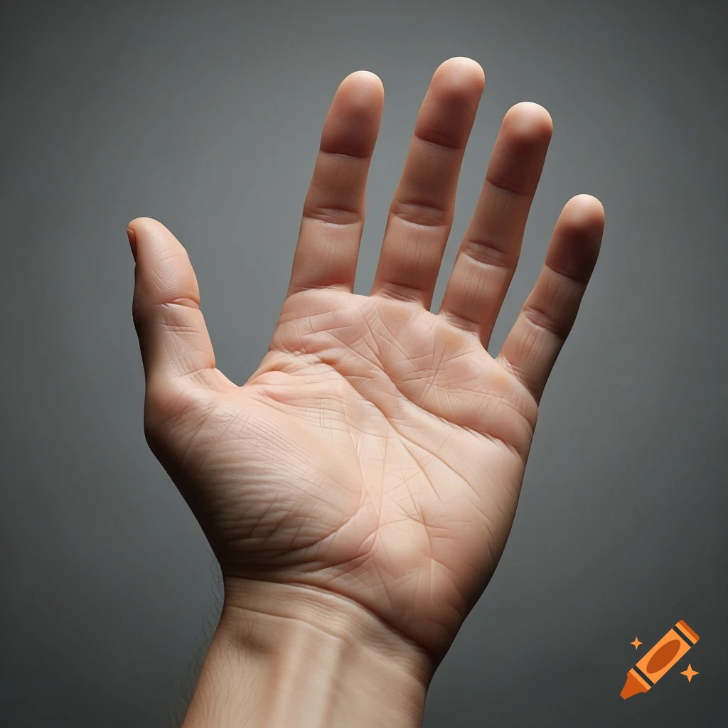 Photorealistic close-up of an open human hand with palm facing up, showing detailed skin texture and creases against a gray background.