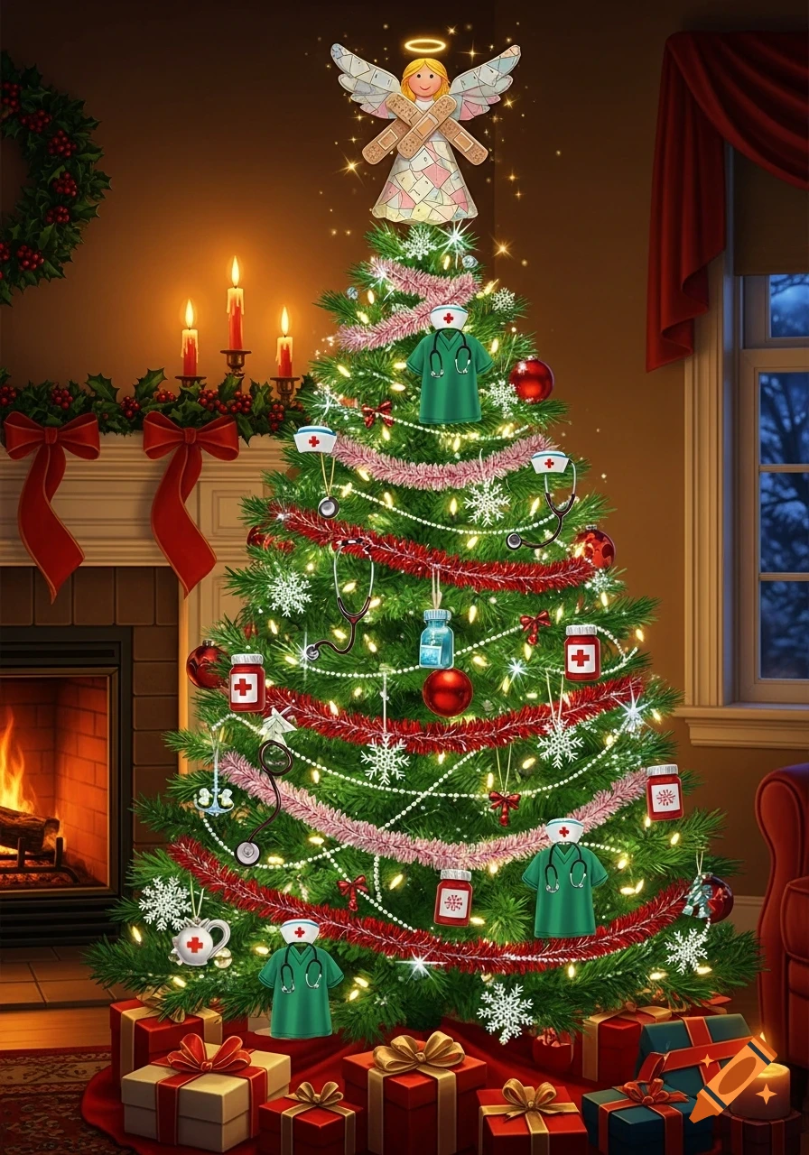 A festive Christmas tree decorated with nurse scrubs, stethoscopes, medical supplies, and an angel with band-aids, in a cozy room.