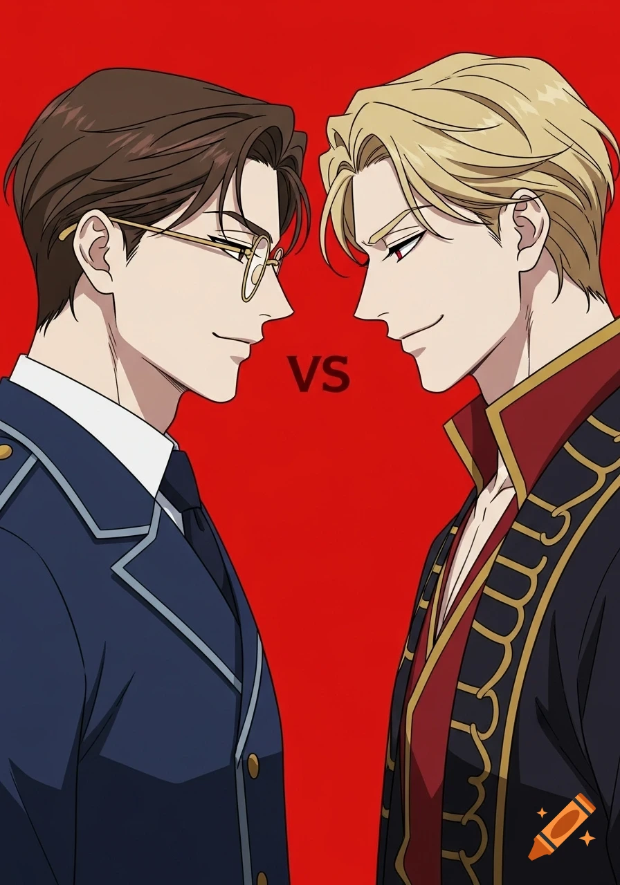 Two anime-style men face off against a red background with 'VS'. One wears a navy military uniform and glasses, the other a fantasy-style outfit.