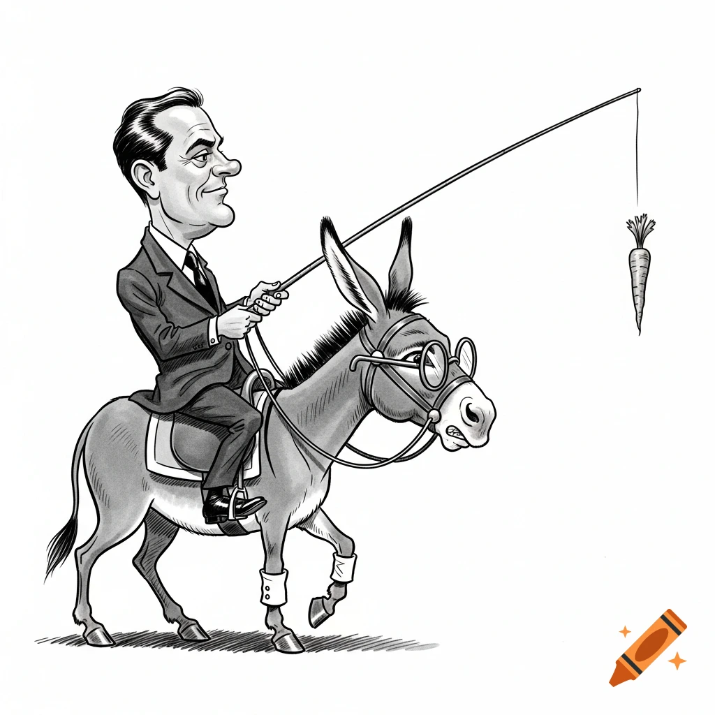A black and white caricature shows a smiling manager in a suit riding a donkey with glasses, holding a carrot on a stick just out of its reach.