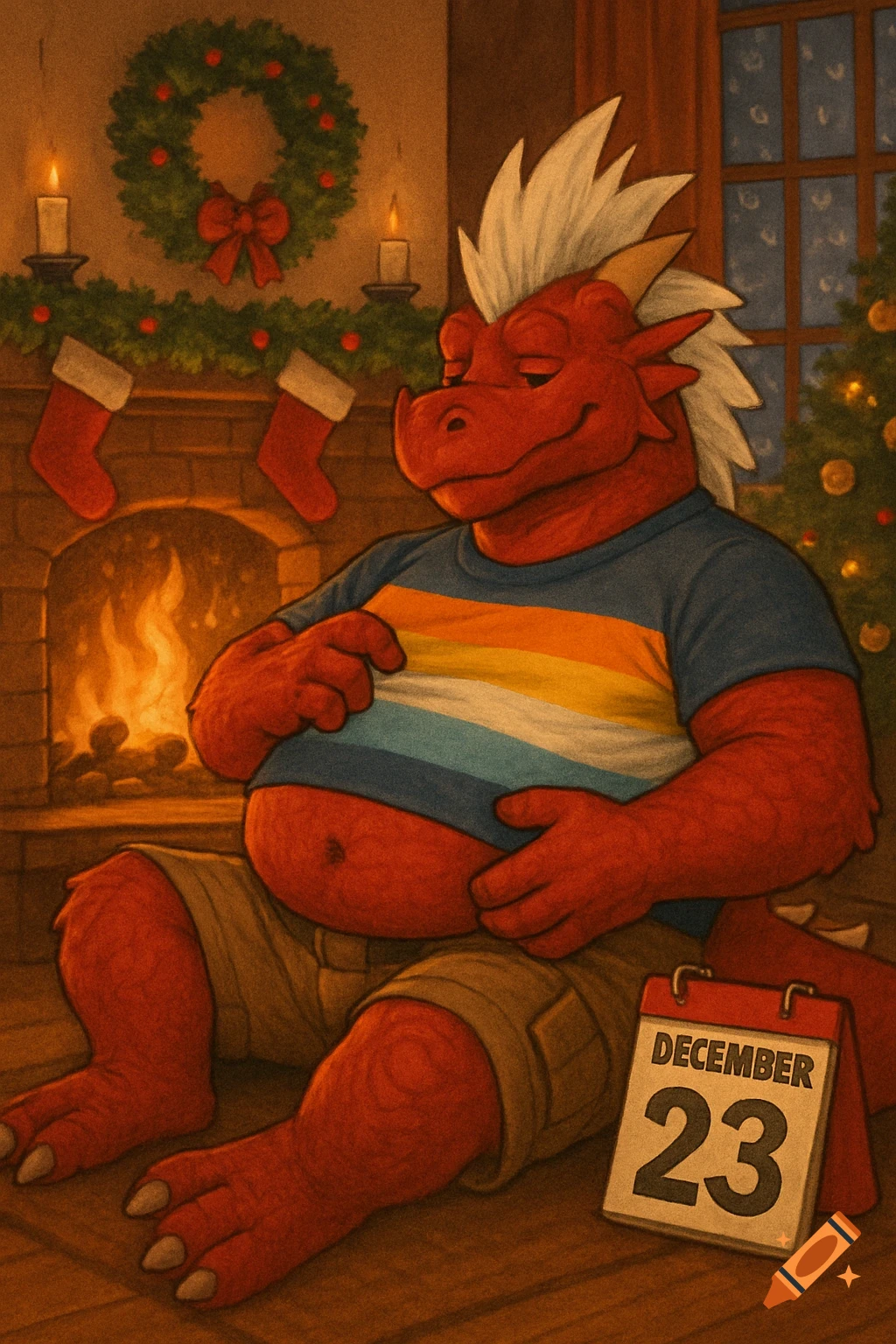 A red anthropomorphic dragon with a white mohawk sits by a Christmas fireplace, patting his belly. A calendar shows December 23.