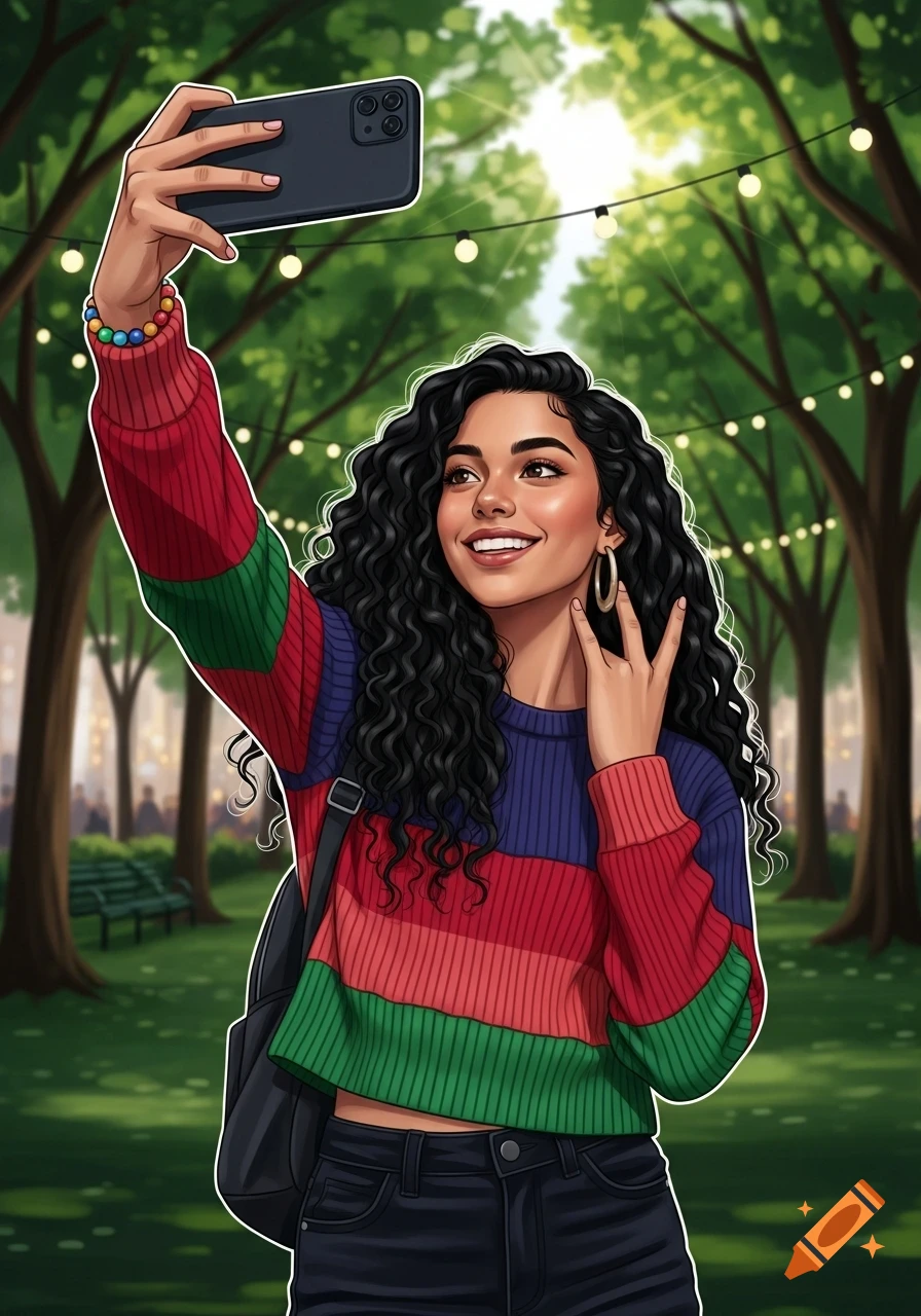 Cartoon illustration of a smiling Hispanic girl with curly hair taking a selfie in a park.
