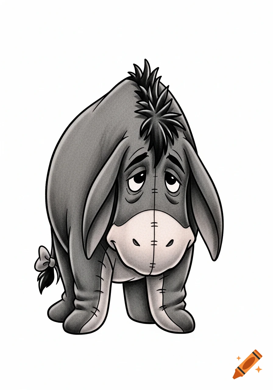 Black and white illustration of a sad Eeyore in a tattoo style.