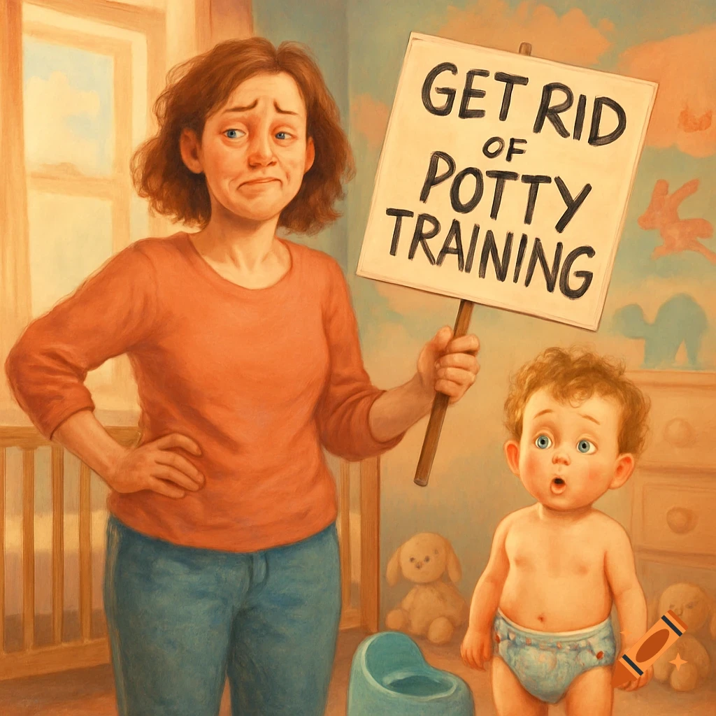 A distressed mother holds a sign saying 'GET RID of POTTY TRAINING' next to a surprised baby in a wet diaper in a nursery.