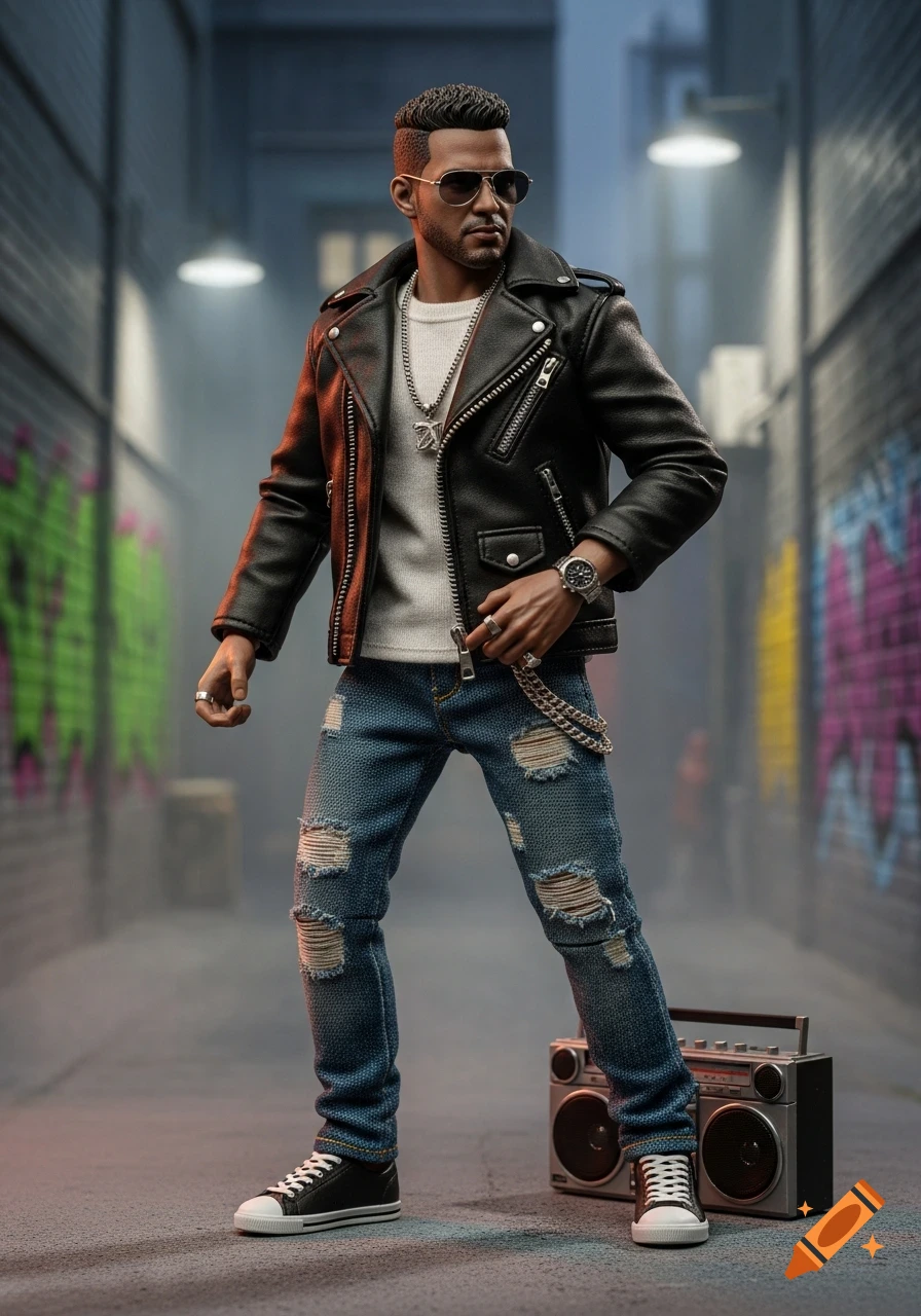 A cool action figure of a man in a black leather jacket, ripped jeans, and sunglasses, standing in a graffiti-filled alley with a boombox.