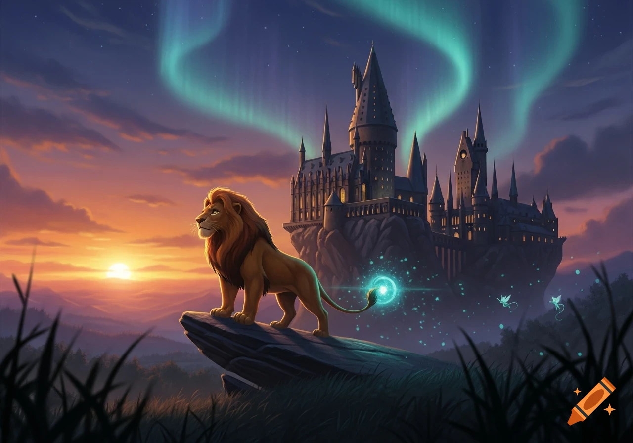 A majestic lion stands on a rock overlooking a fantasy castle with northern lights in the sky and a sunset horizon, digital art.