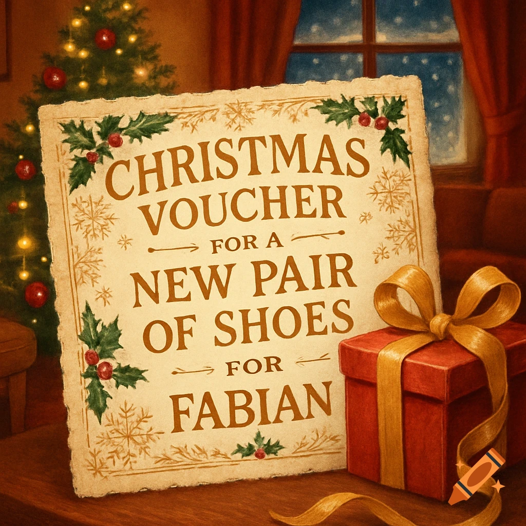 A festive Christmas voucher for new shoes for Fabian, next to a red gift box, with a decorated Christmas tree and snowy window in the background, in a painterly style.