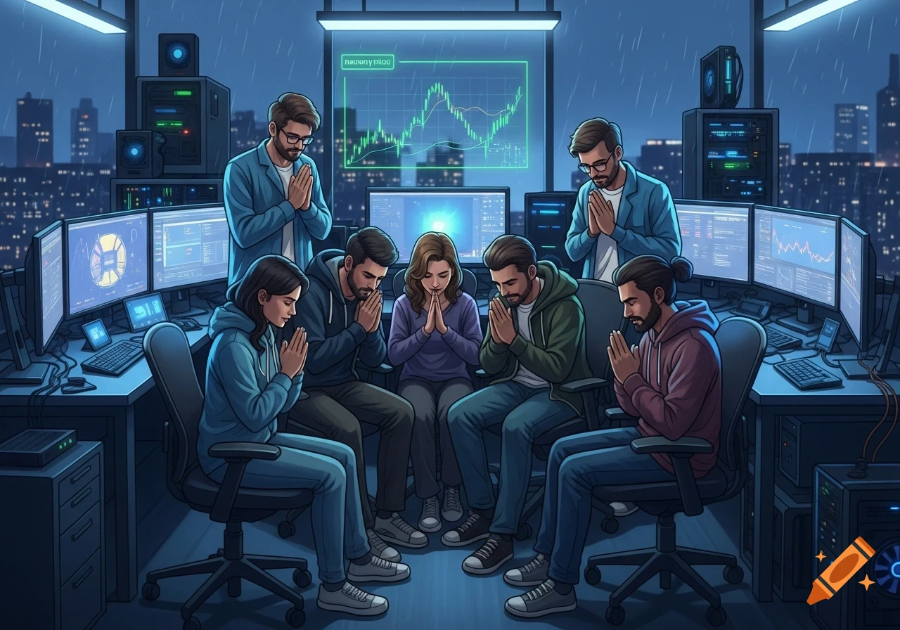 A group of stylized IT professionals praying in a circle in a server room, surrounded by monitors with graphs, against a rainy city backdrop.