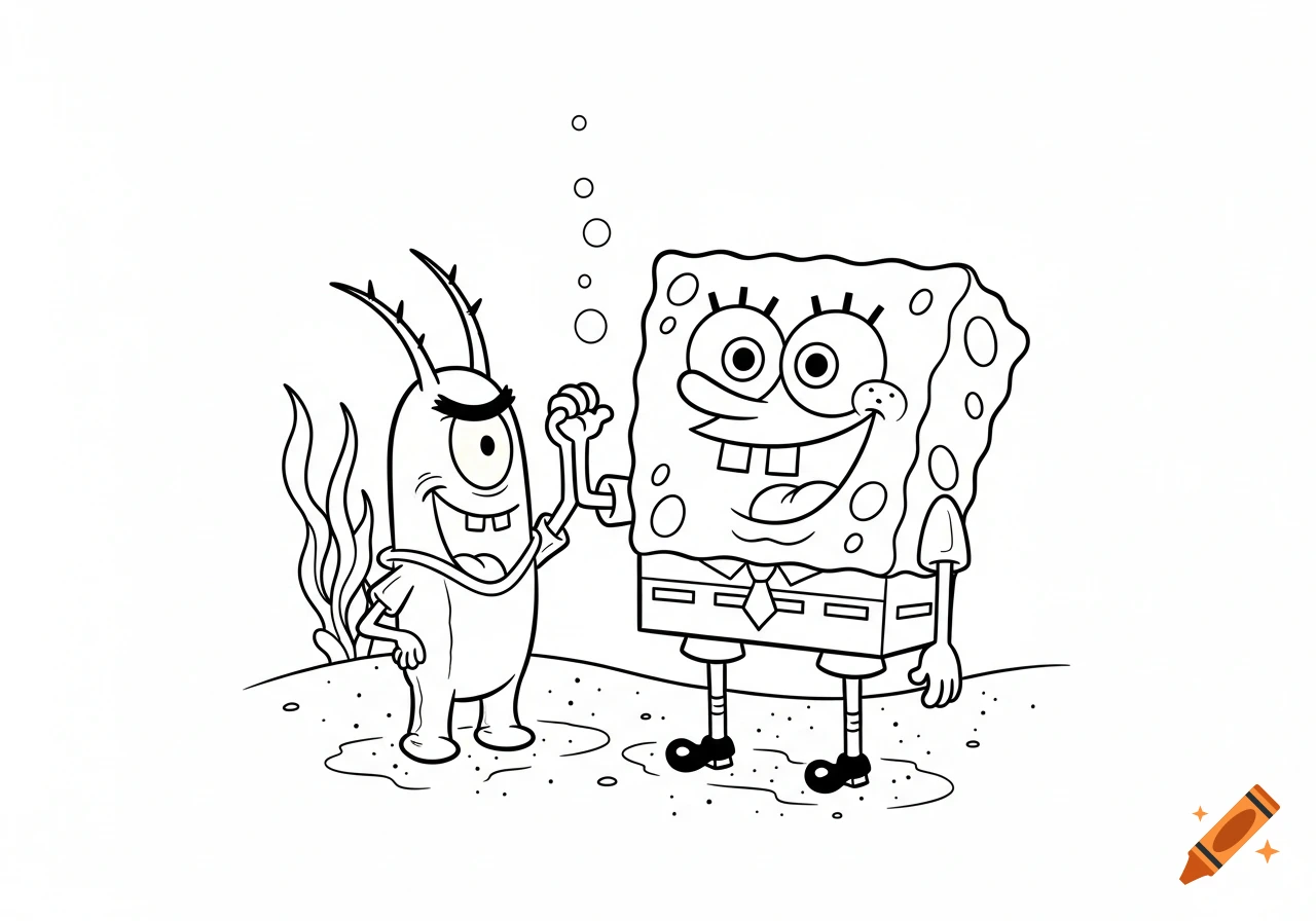 Black outline drawing of smiling SpongeBob SquarePants next to Plankton underwater.