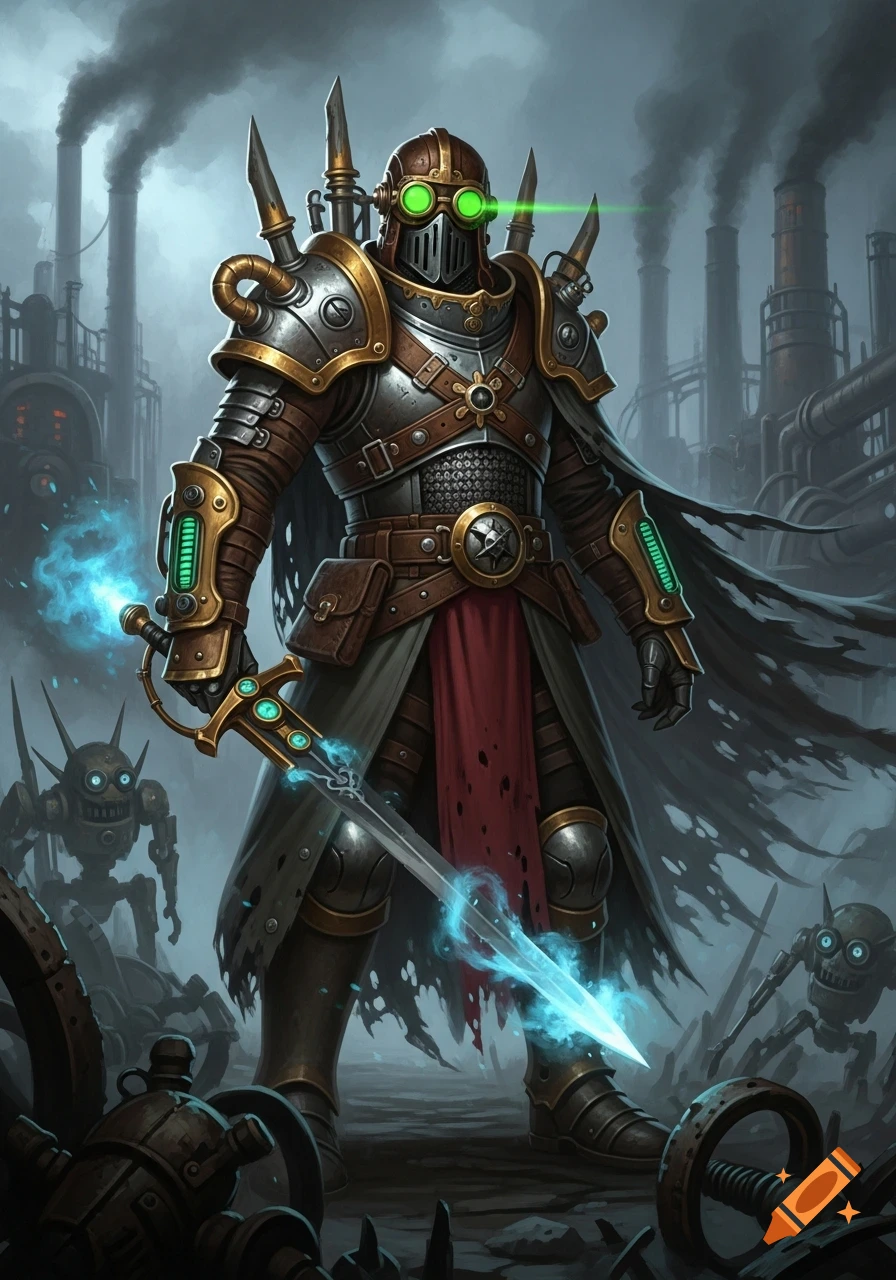 A steampunk knight with glowing green goggles and a blue glowing sword stands in a smoky industrial setting with small robots.