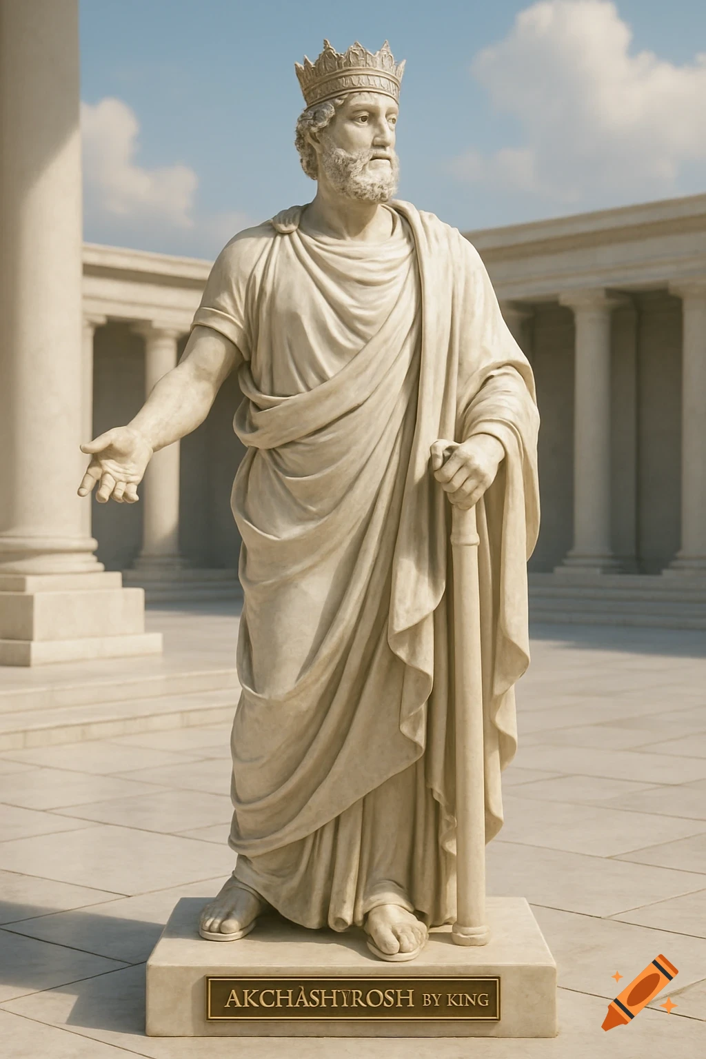 A photorealistic marble statue of a crowned king in a toga, holding a staff, stands on a pedestal with a nameplate, against a classical building and sky.
