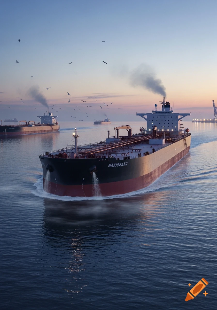 Photorealistic image of several large cargo ships sailing on calm waters at dusk, with a port visible in the distance.