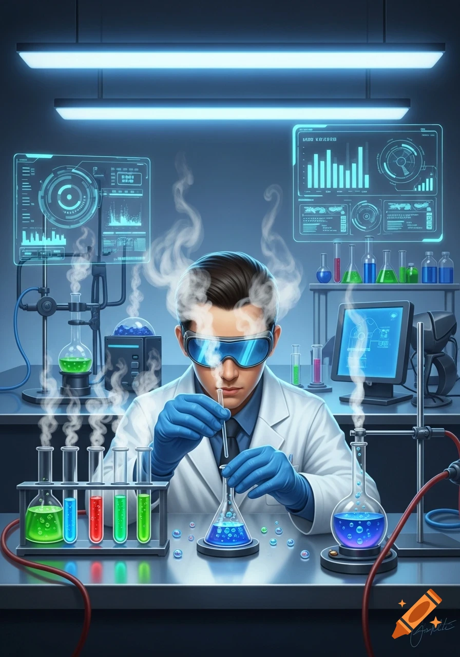Male scientist in goggles and gloves works with beakers and test tubes in a futuristic lab with glowing screens.