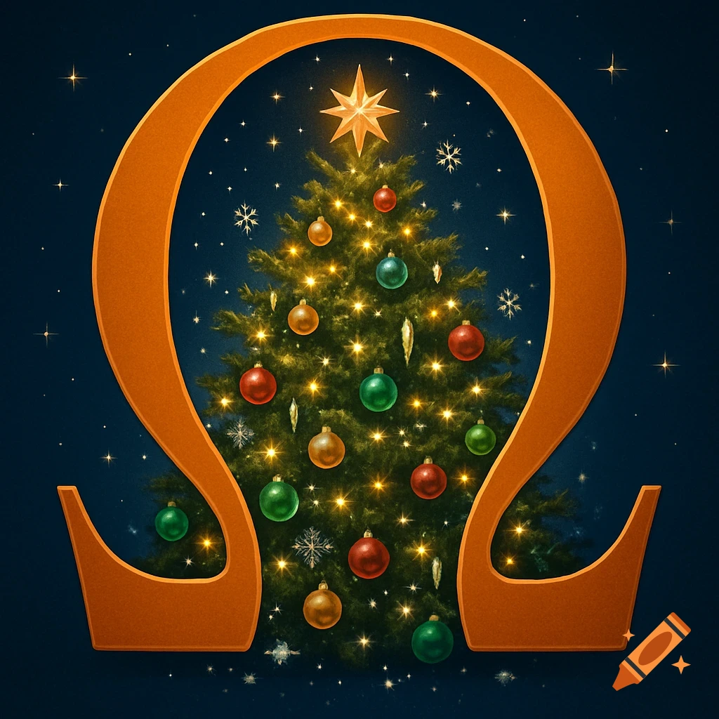An upside-down orange capital Omega symbol frames a festive Christmas tree decorated with colorful ornaments and lights against a starry, dark blue sky.