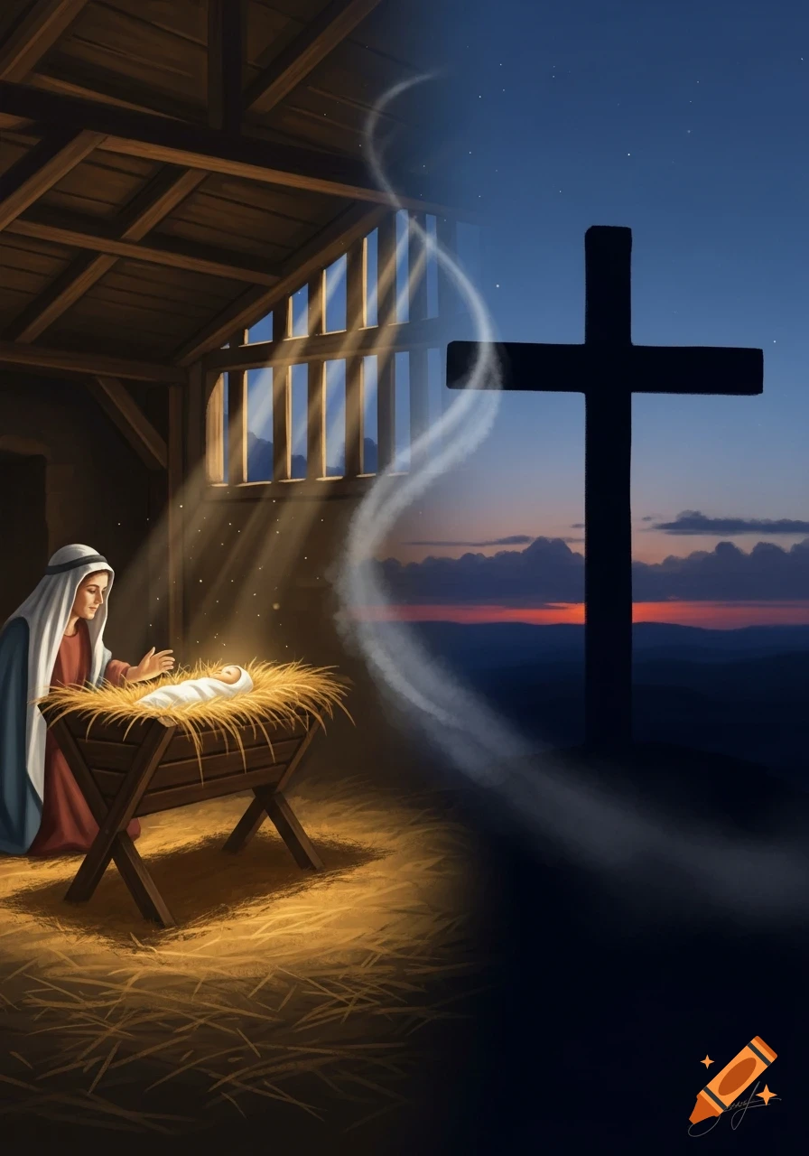 Illustrated scene of Mary kneeling beside baby Jesus in a manger, with a silhouette of a cross against a sunset sky.
