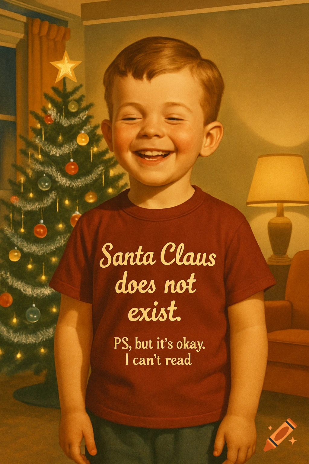 A smiling child in a maroon t-shirt with text 'Santa Claus does not exist. PS, but it's okay. I can't read.' stands by a Christmas tree in a vintage poster style.