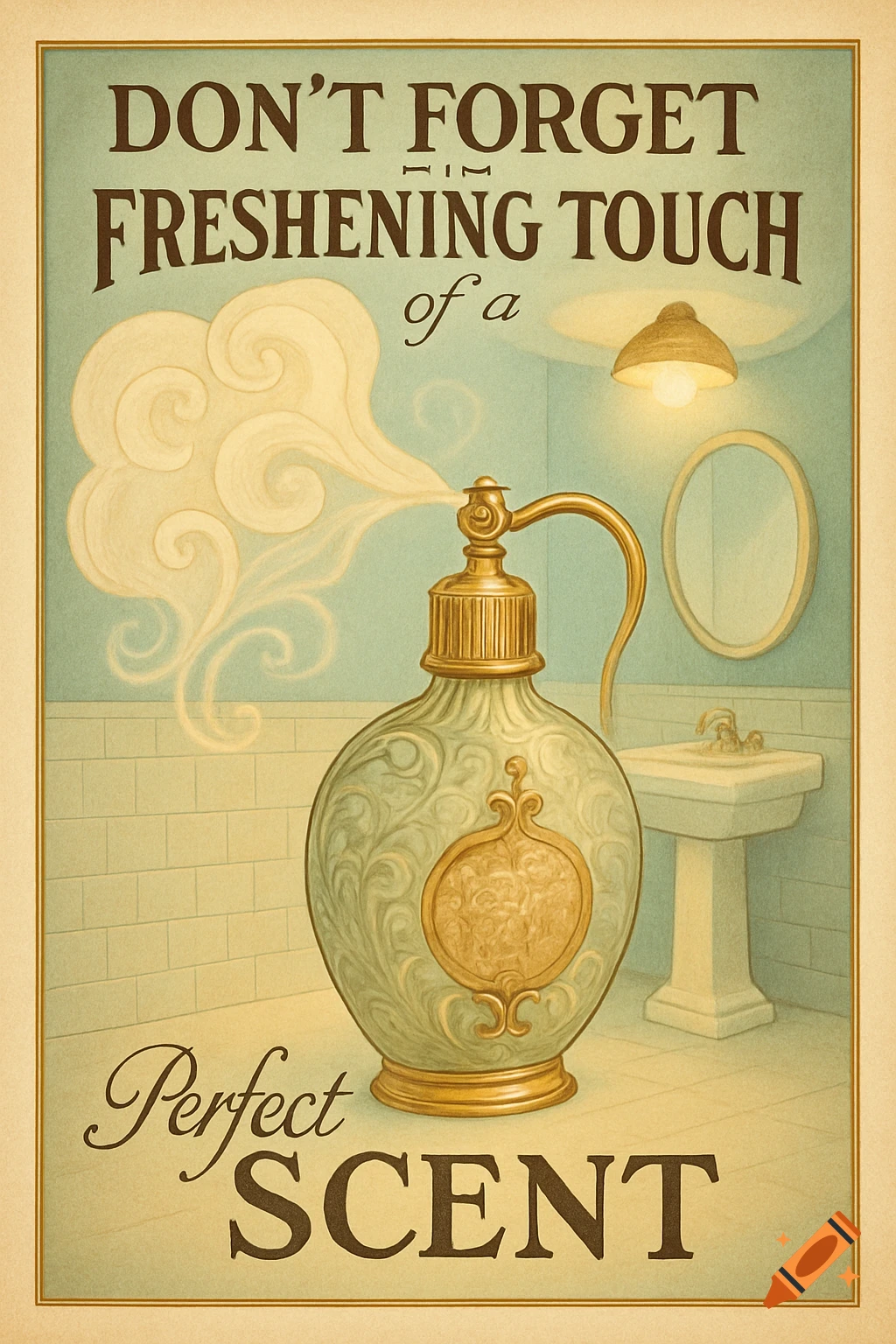 Vintage advertising poster for perfume, showing an ornate bottle spraying scent in a mint green bathroom with a sink and mirror.
