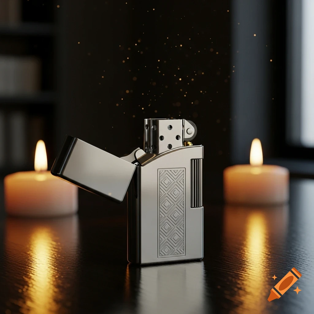 A silver lighter with an open lid stands upright on a dark, reflective surface, flanked by two glowing candles.